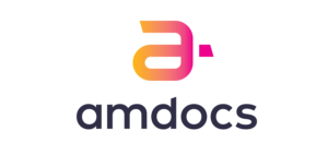 Amdocs logo: gradient orange-pink stylized 'a' symbol above the word 'amdocs' in dark text.
