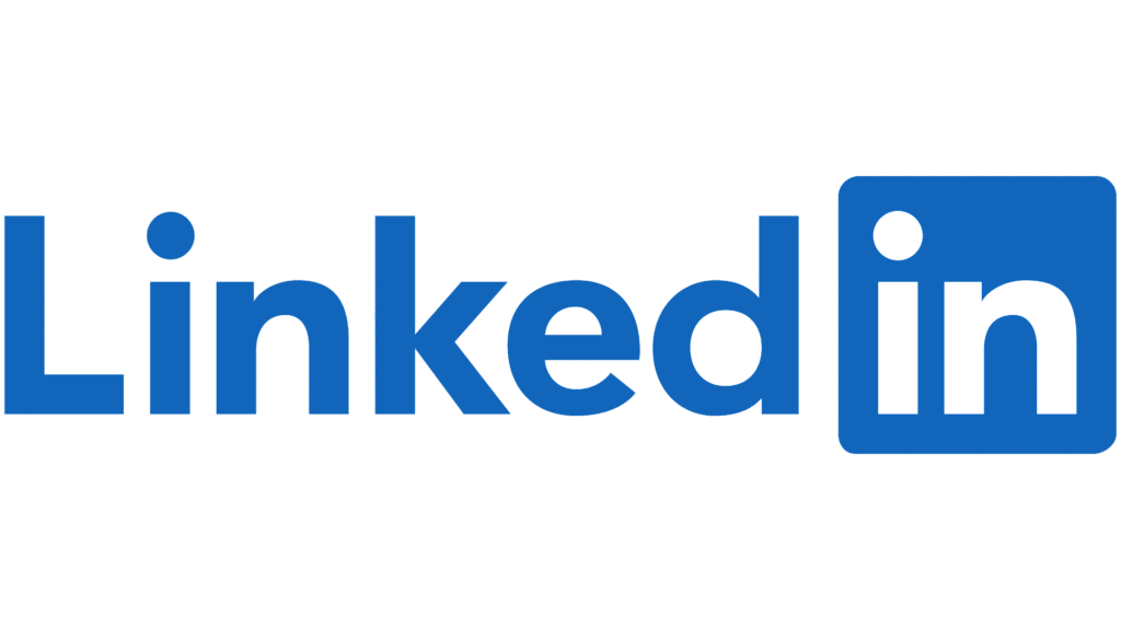 LinkedIn logo: blue wordmark with a rounded blue square icon containing a white 'in' symbol on the right.