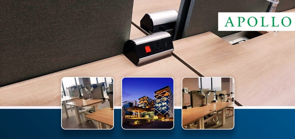 Slide titled 'Project Overview' with three square thumbnails (office workspace, city building, another workspace) above a dark blue gradient and Apollo logo in the corner.