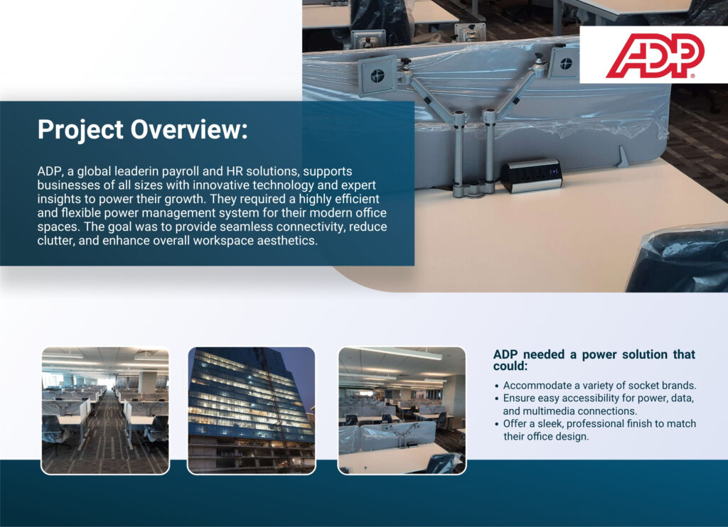 Hero banner: the words 'Project Overview' on a dark blue panel with the ADP logo in the top-right over an office equipment background.