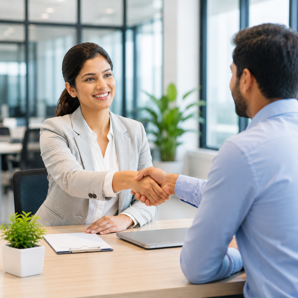 Two coworkers in an office shake hands across a desk, smiling after a meeting.