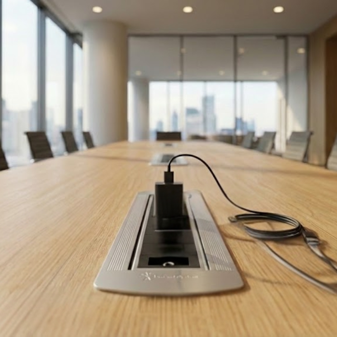 Long conference table with a central built-in microphone hub in a bright office meeting room with skyline view.
