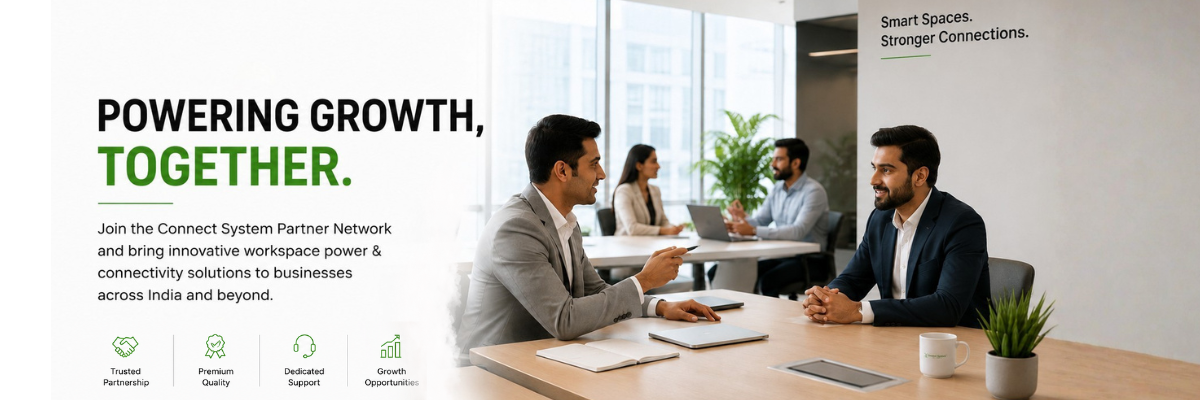 Business professionals discuss at a conference table in a bright office; bold banner reads 'Powering Growth, Together' on the left side.